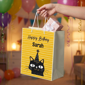 Sac Cadeau Moyen Joyeux Anniversaire Chat Noir Mignon Personnalisé