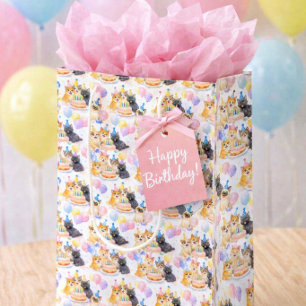 Sac Cadeau Moyen Joyeux Anniversaire Chat Thème Fête avec Ballons