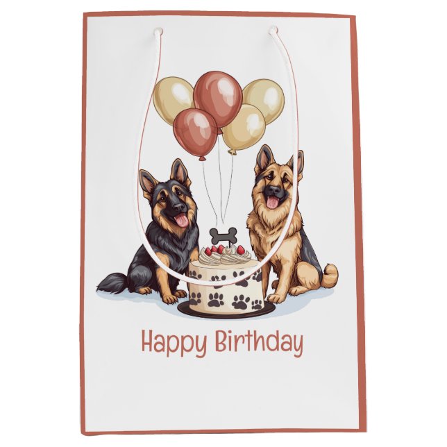 Sac Cadeau Moyen Joyeux Anniversaire Chiens berger allemands Gâteau (Devant)