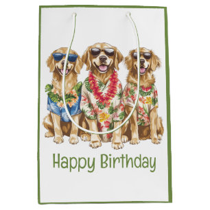 Sac Cadeau Moyen Joyeux Anniversaire Chiens Retriever D'or Hawaïens