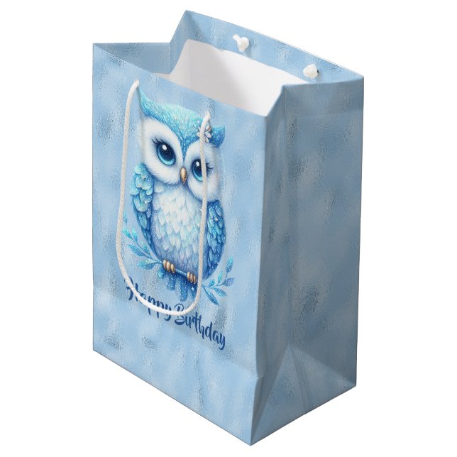 Sac Cadeau Moyen Joyeux Anniversaire Chouette Bleue sur Bleu (Devant Angle)