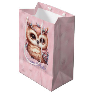 Sac Cadeau Moyen Joyeux Anniversaire Chouette Brown rose sur rose b