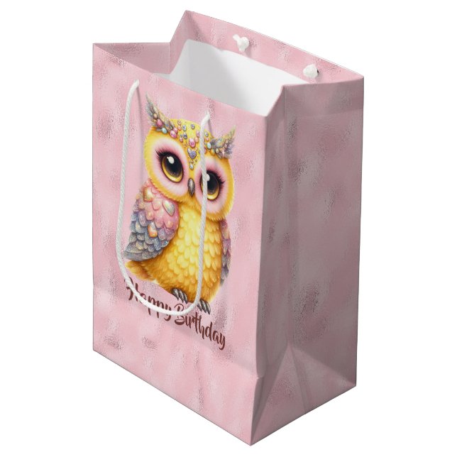 Sac Cadeau Moyen Joyeux Anniversaire Chouette multicolore sur rose (Devant Angle)