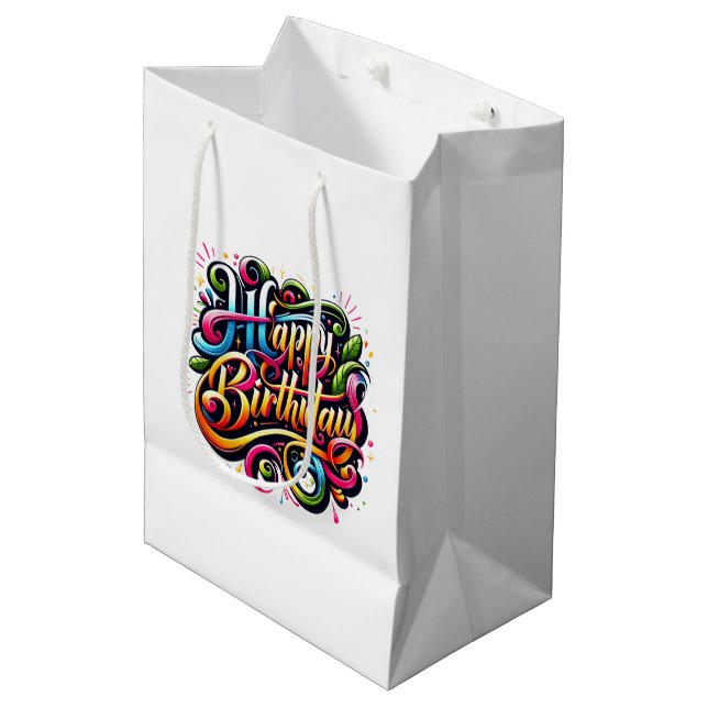 Sac Cadeau Moyen Joyeux Anniversaire Coloré Explosion  (Devant Angle)