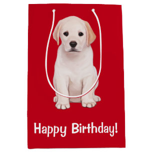 Sac Cadeau Moyen Joyeux anniversaire de chiot jaune de Labrador