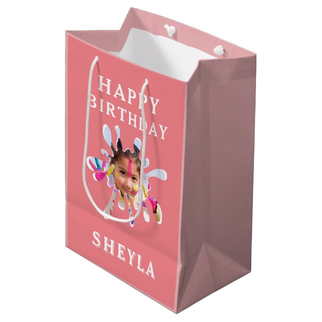 Sac Cadeau Moyen Joyeux Anniversaire Fille Couleur Splash Photo Enf (Devant Angle)