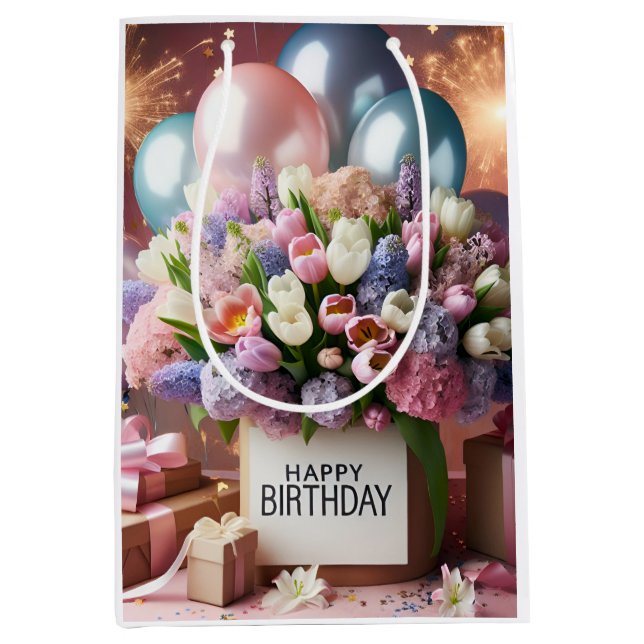 Sac Cadeau Moyen Joyeux anniversaire, fleurs et cadeaux, par Natash (Devant)