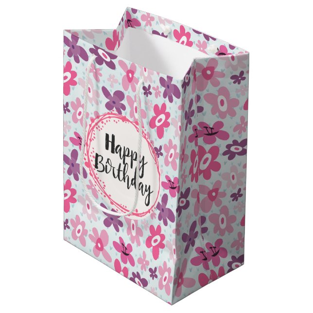 Sac Cadeau Moyen Joyeux anniversaire Fleurs roses et Coeurs Bleus (Devant Angle)