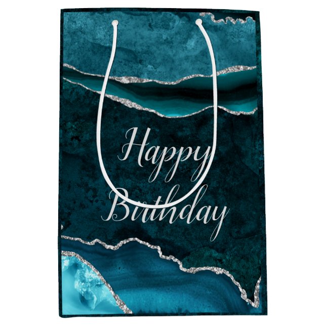 Sac Cadeau Moyen Joyeux Anniversaire Marbre Agate Sarcelle & Paille (Devant)