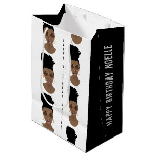 Sac Cadeau Moyen Joyeux anniversaire, Messy Bun, noir & blanc