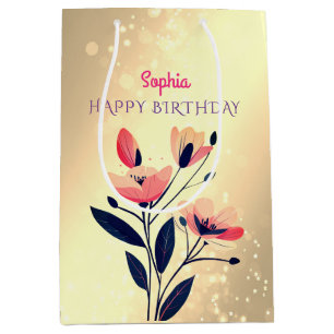 Sac Cadeau Moyen Joyeux Anniversaire, Nom, Fleurs sur Or