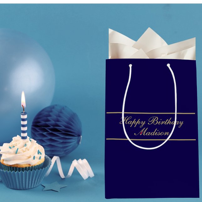 Sac Cadeau Moyen Joyeux Anniversaire Nom Script Bleu Or (Créateur téléchargé)