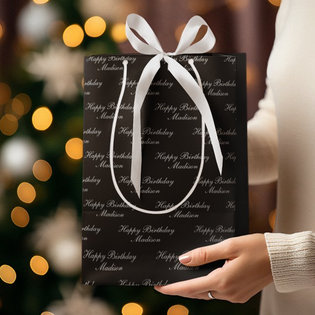 Sac Cadeau Moyen Joyeux Anniversaire Nom Script Noir Argent (Créateur téléchargé)