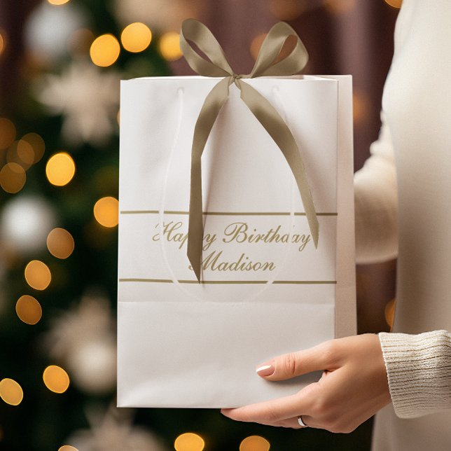 Sac Cadeau Moyen Joyeux Anniversaire Nom Script Or Blanc (Créateur téléchargé)