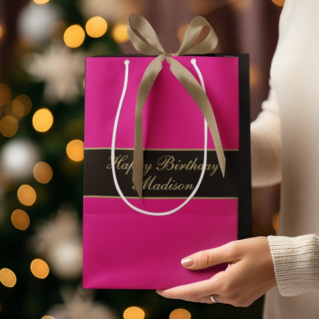 Sac Cadeau Moyen Joyeux Anniversaire Nom Script Rose Noir Or (Créateur téléchargé)