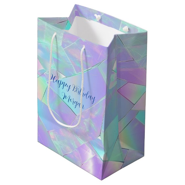 Sac Cadeau Moyen Joyeux Anniversaire, Nom, Turquoise & Purple Iride (Devant Angle)