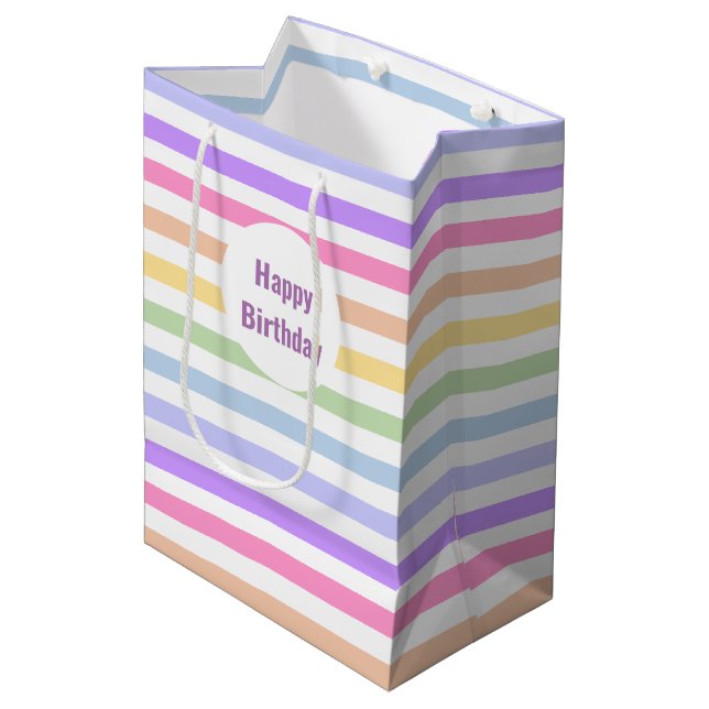 Sac Cadeau Moyen Joyeux Anniversaire Pastel Rainbow White Stripes (Devant Angle)