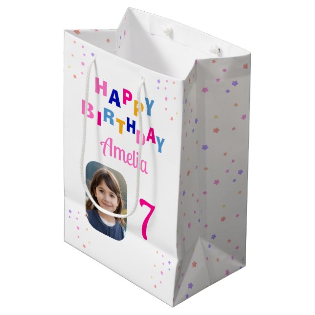 Sac Cadeau Moyen Joyeux anniversaire Pink Stars Girl Photo (Devant Angle)