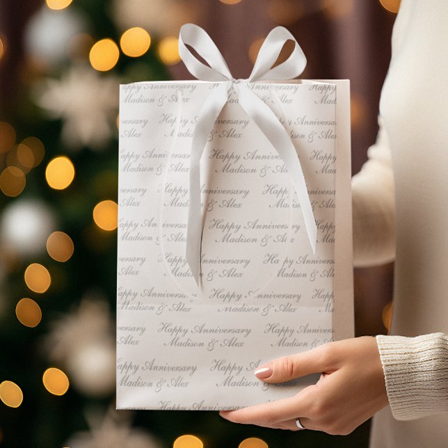 Sac Cadeau Moyen Joyeux Anniversaire Script avec Nom Blanc Argent (Créateur téléchargé)