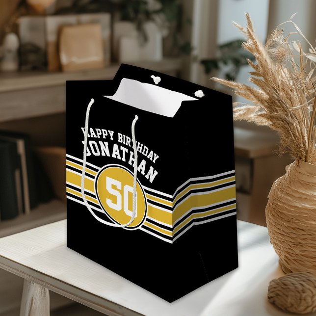 Sac Cadeau Moyen Joyeux Anniversaire Sports Stripes avec Age Gold B (Custom Gift Bag)