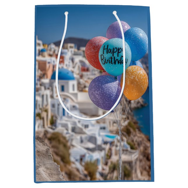 Sac Cadeau Moyen Joyeux ballons d'anniversaire à Santorin, Grèce (Devant)
