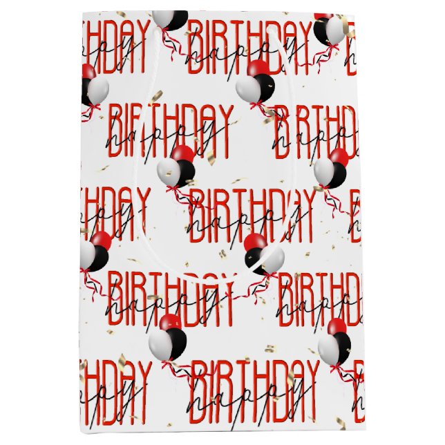 Sac Cadeau Moyen Joyeux Ballons d'anniversaire et Confetti d'or (Devant)