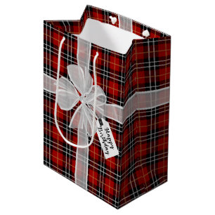 Sac Cadeau Moyen Joyeux Bow Anniversaire Sur Tartan Plaid