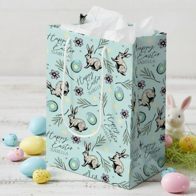 Sac Cadeau Moyen Joyeux Bunny de nom de Pâques Turquoise (Cute Happy Easter Pastel Blue Gift Bags for Kids Egg Hunt with Name. Bunny Rabbit, Eggs & Flowers)