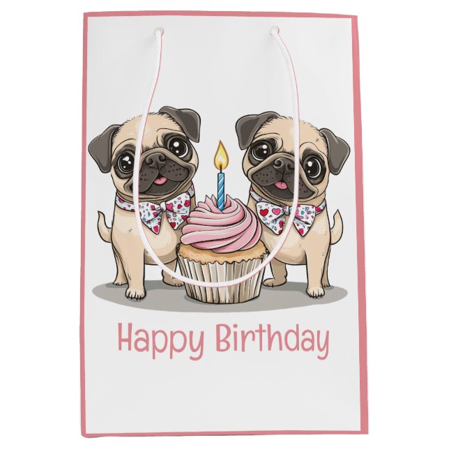 Sac Cadeau Moyen Joyeux Carlin d'anniversaire Chiens Cupcake (Devant)