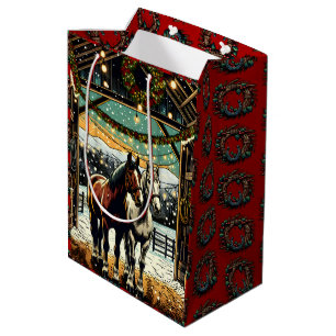 Sac Cadeau Moyen Joyeux Chevaux de Cartoon de Noël