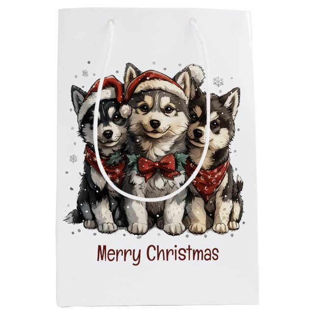 Sac Cadeau Moyen Joyeux Chiens Husky Noël (Devant)
