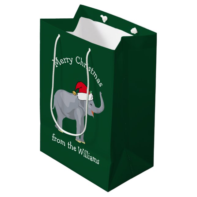 Sac Cadeau Moyen Joyeux éléphant de Noël mignon vert Personnalisé (Devant Angle)