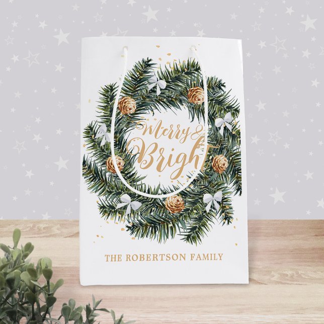 Sac Cadeau Moyen Joyeux et brillant Noël Wreath Holiday (Créateur téléchargé)