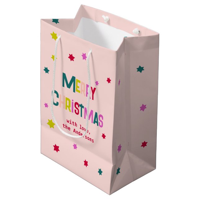 Sac Cadeau Moyen Joyeux et lumineux Noël rose personnalisé (Devant Angle)