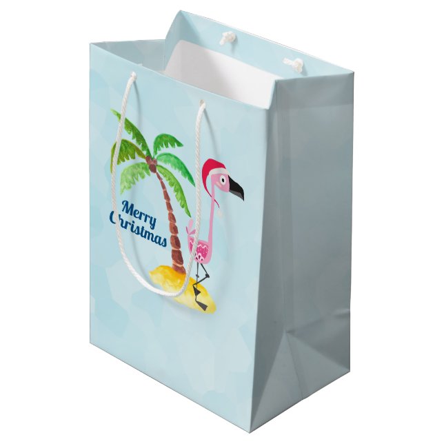 Sac Cadeau Moyen Joyeux Flamant rose rose de Noël à Santa Hat (Devant Angle)