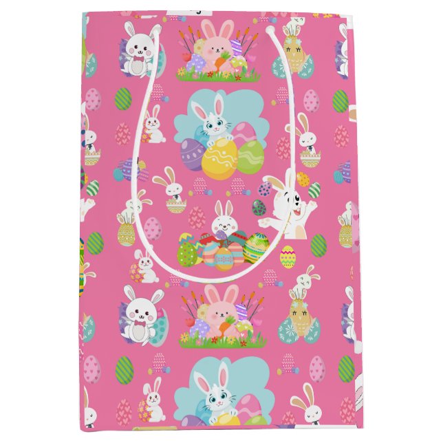 Sac Cadeau Moyen Joyeux Jour de Pâques - Motif Drôle Lapin Et Oeufs (Devant)