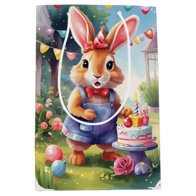 Sac Cadeau Moyen Joyeux lapin au gâteau | (Devant)