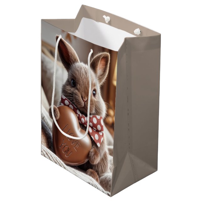 Sac Cadeau Moyen Joyeux Lapin De Pâques Avec Coeur Chocolé (Devant Angle)