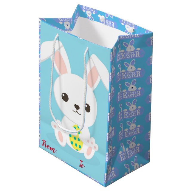 Sac Cadeau Moyen Joyeux Lapin de Pâques Floral (Devant Angle)