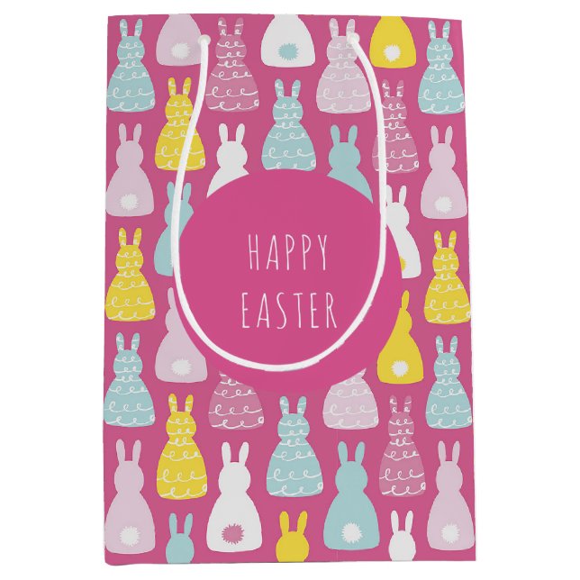 Sac Cadeau Moyen Joyeux lapin rose de Pâques (Devant)