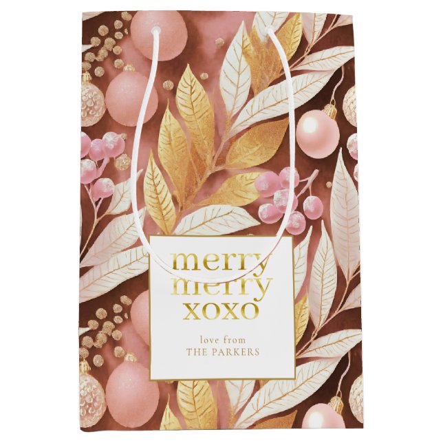 Sac Cadeau Moyen Joyeux Motif de Noël rose or #22 ID1009 (Devant)