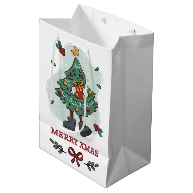 Sac Cadeau Moyen Joyeux Noël Arbre (Devant Angle)