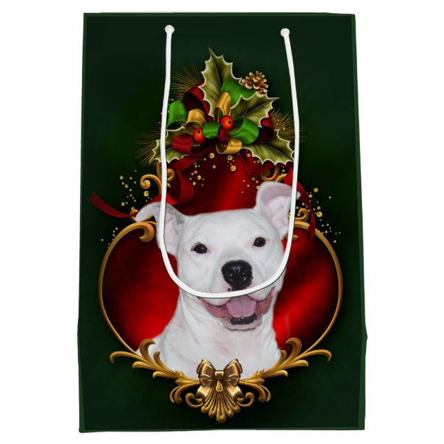 Sac Cadeau Moyen Joyeux Noël blanc pitbull (Dos)