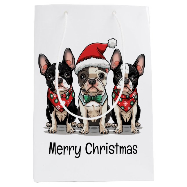 Sac Cadeau Moyen Joyeux Noël Boston Terrier Chiens (Devant)