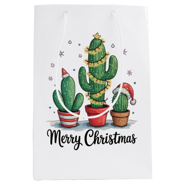 Sac Cadeau Moyen Joyeux Noël Cactus Arbre Festif Lumières de Noël (Devant)