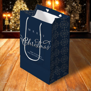 Sac Cadeau Moyen Joyeux Noël Calligraphie Marine Blue Snowflake