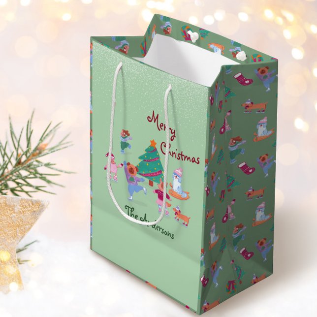 Sac Cadeau Moyen Joyeux Noël Chien Patinage sur glace Pistache Vert (Créateur téléchargé)