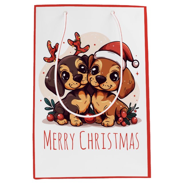 Sac Cadeau Moyen Joyeux Noël Chiens Dachshund (Devant)
