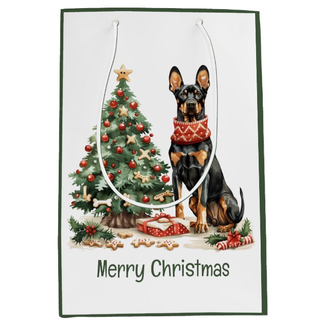 Sac Cadeau Moyen Joyeux Noël Chiens Dobermann (Devant)