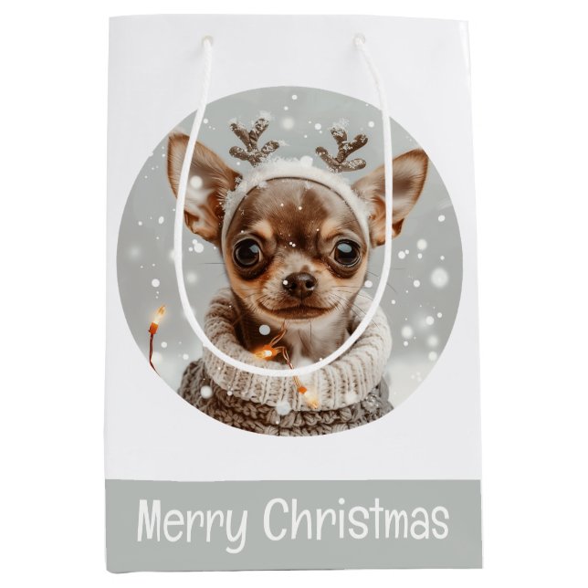 Sac Cadeau Moyen Joyeux Noël Chihuahua Renne Chien (Devant)